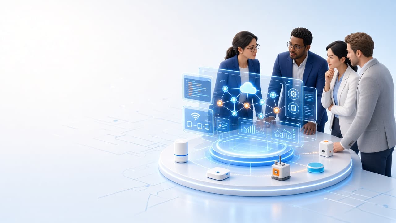 Smart solutions customized for every industry — teams collaborating across AI, business application, and IoT dashboards